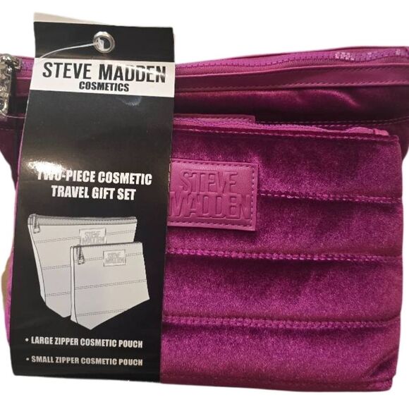 Steve Madden Logo Plate Quilted Velvet Nylon Cosmetic Pouch Set - Picture 3 of 8